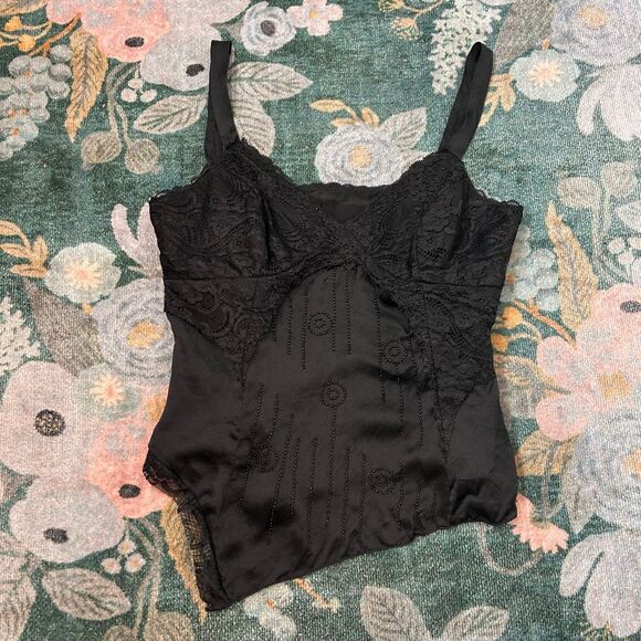 Vintage Anne Klein Top Blouse XS Black Silk y2k 90s Lace Trim Cami Asymmetrical - Picture 9 of 12